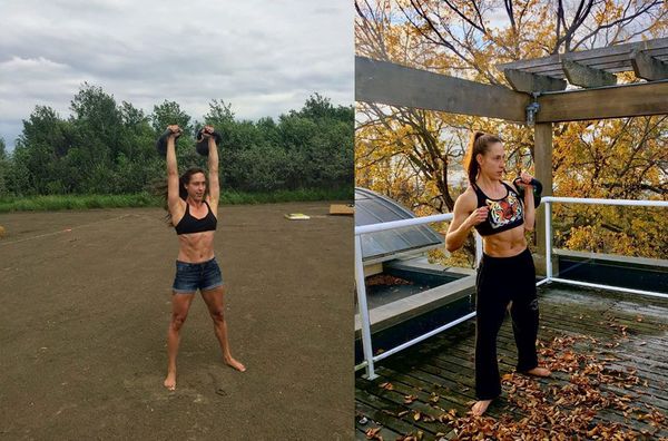 A side-by-side view of a person exercising with kettlebells outdoors in a field and on a deck with autumn leaves.