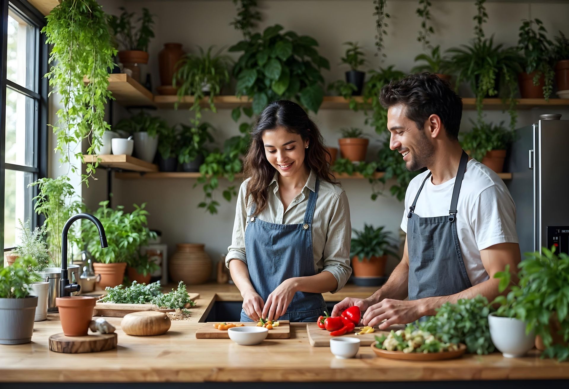 A smiling couple in aprons prepare food on a wooden kitchen counter filled with potted plants and herbs.