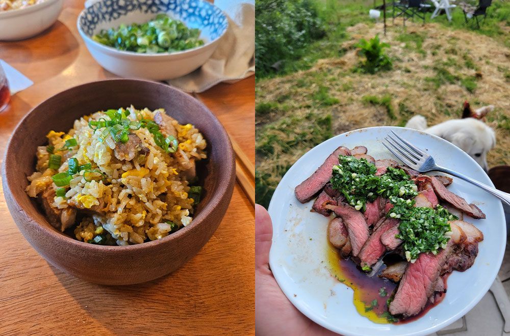A split-screen showing a bowl of fried rice with scallions next to a plate of sliced steak topped with chimichurri.
