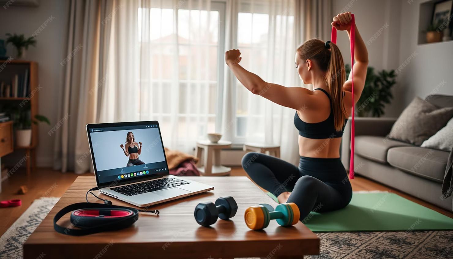 A person sits on a yoga mat in a living room, using a resistance band while following a workout video on a laptop.