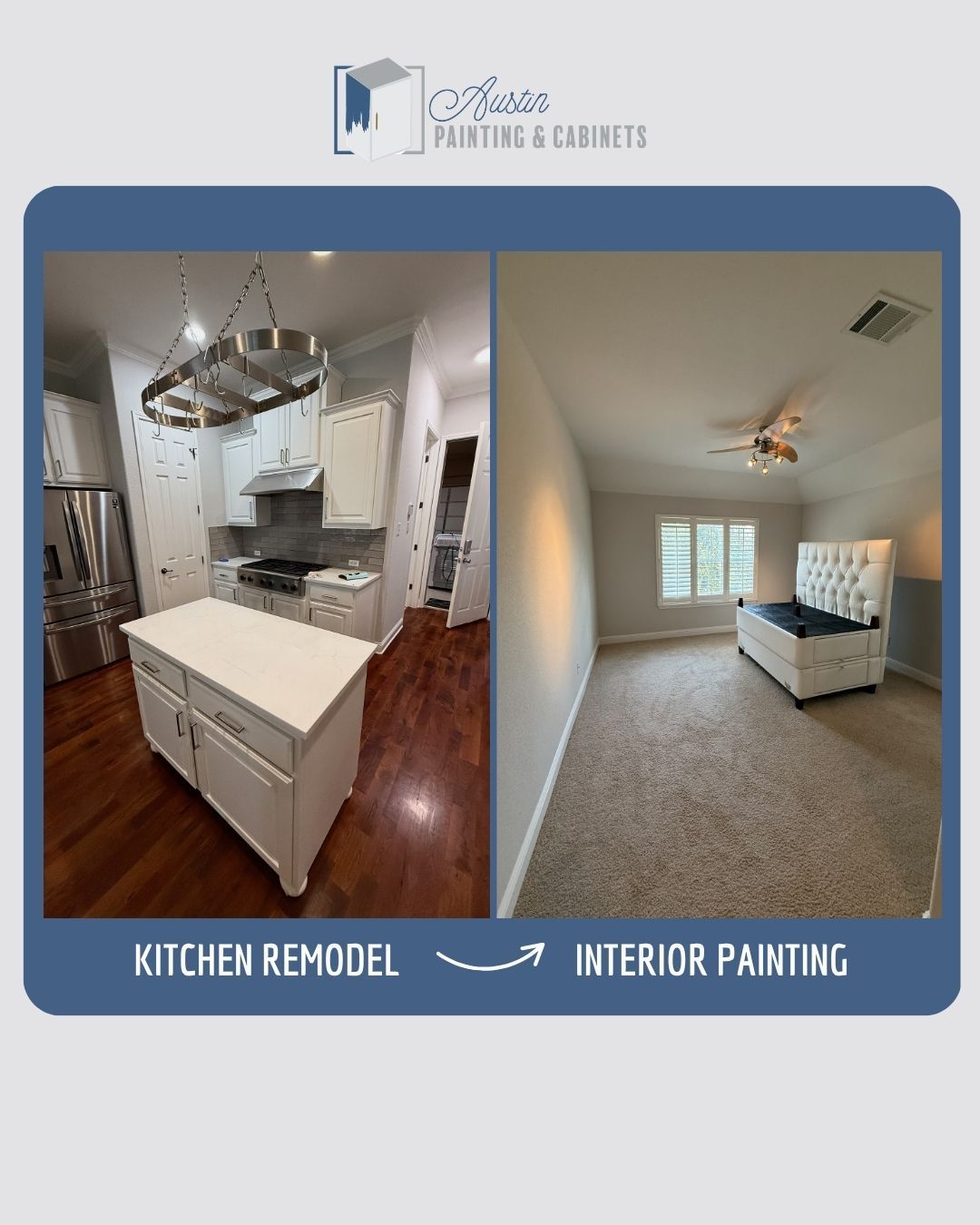 collage of interior painting and kitchen remodel projects for a repeat client