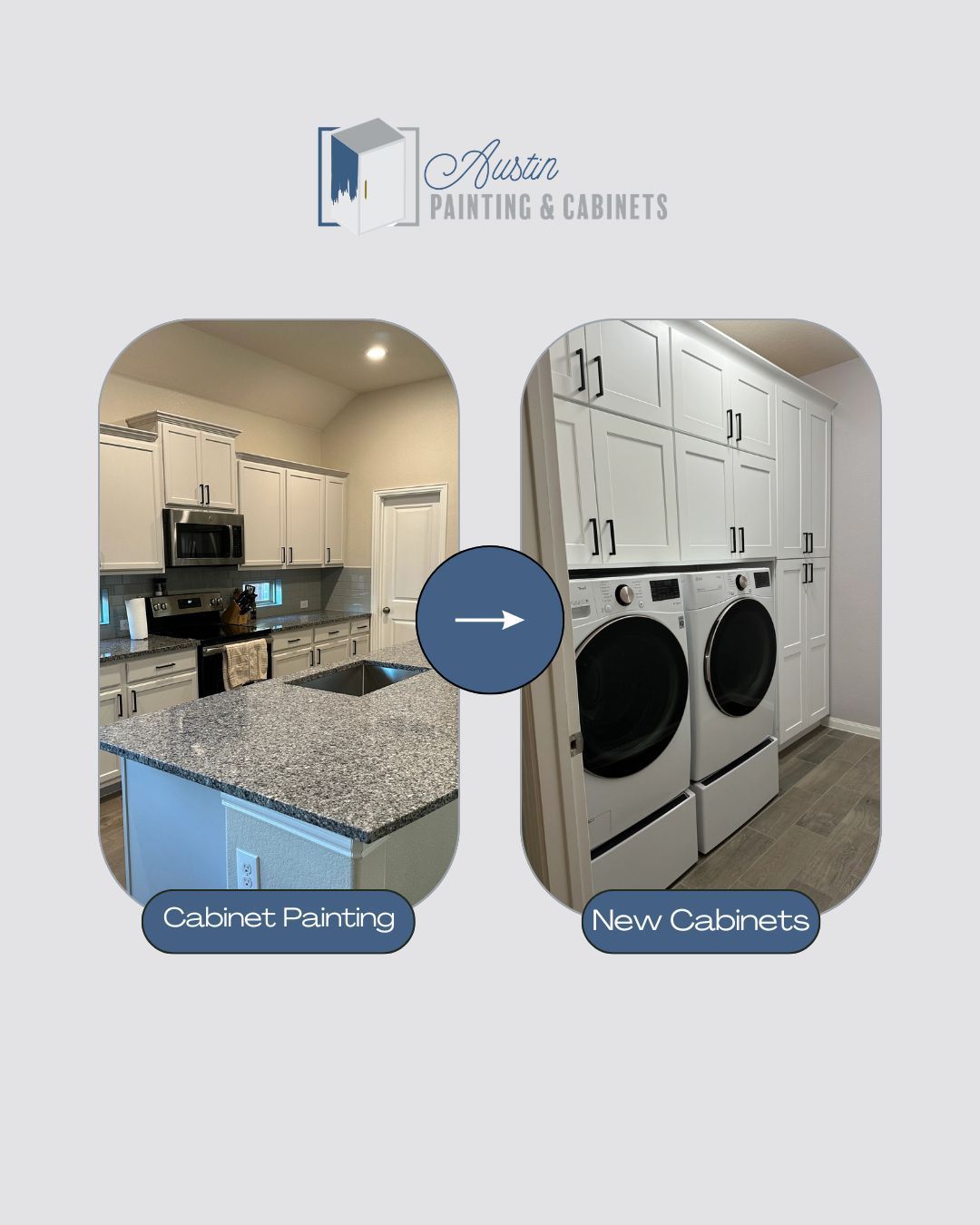 collage of cabinet painting and new cabinet projects from repeat client