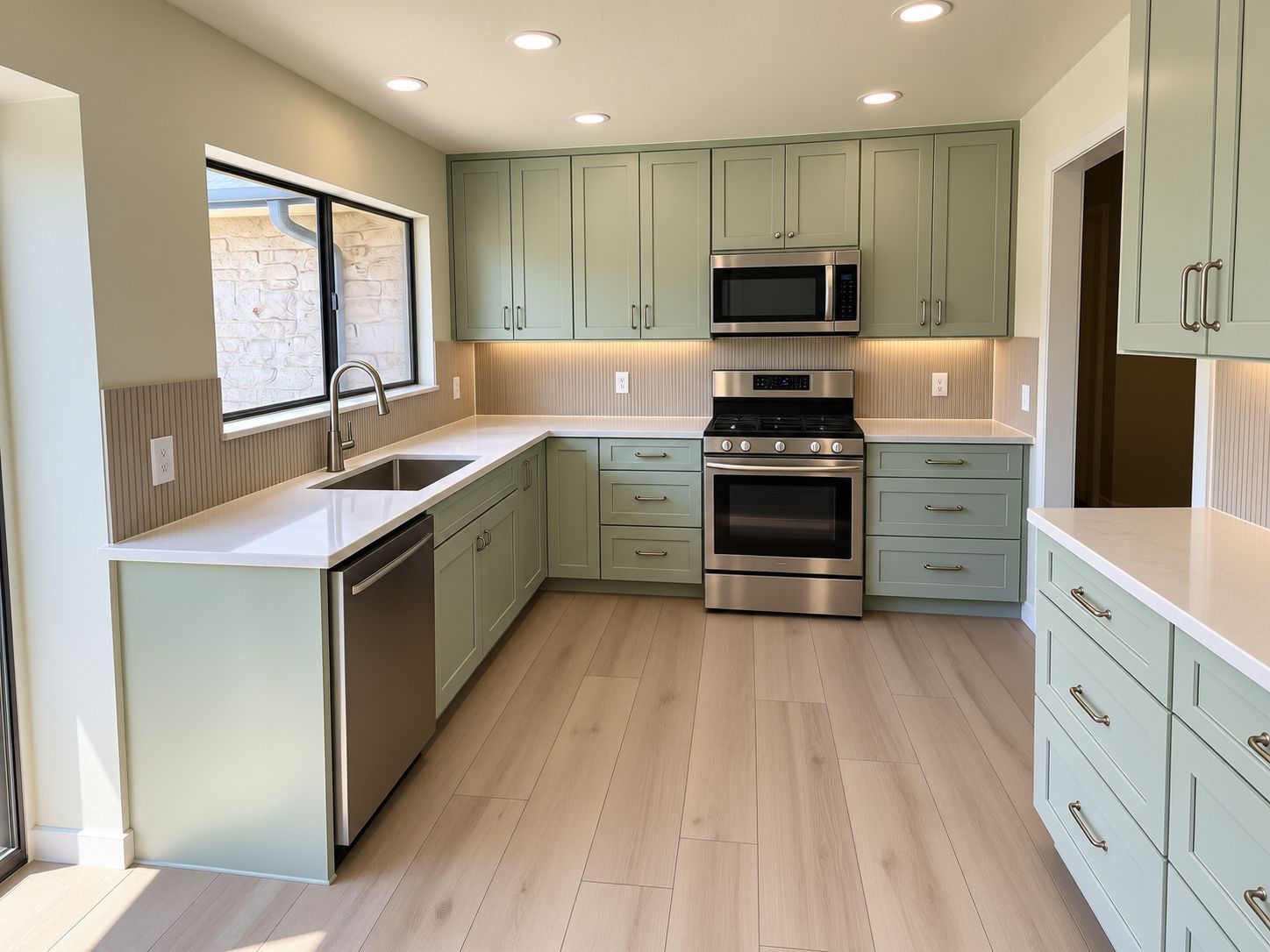 Northwest Austin kitchen remodel with shaker cabinets extending to the ceiling and quartz countertop
