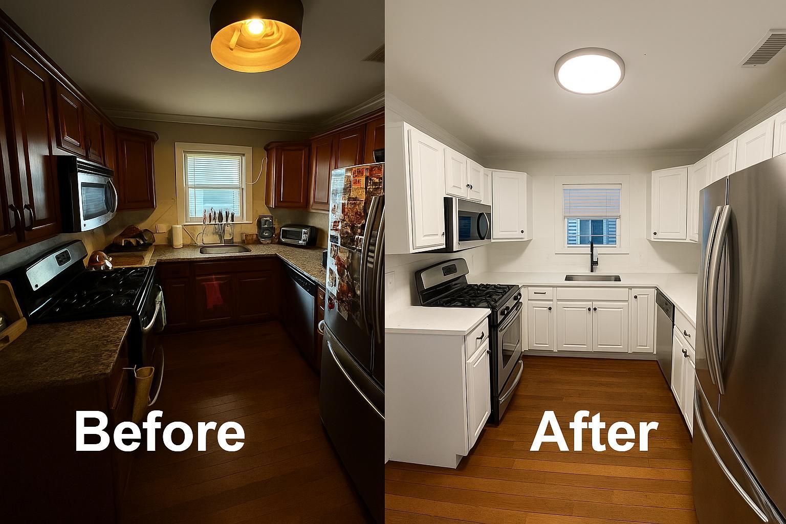 Austin galley kitchen remodel before and after with white cabinet painting, new countertops, and modern finishes