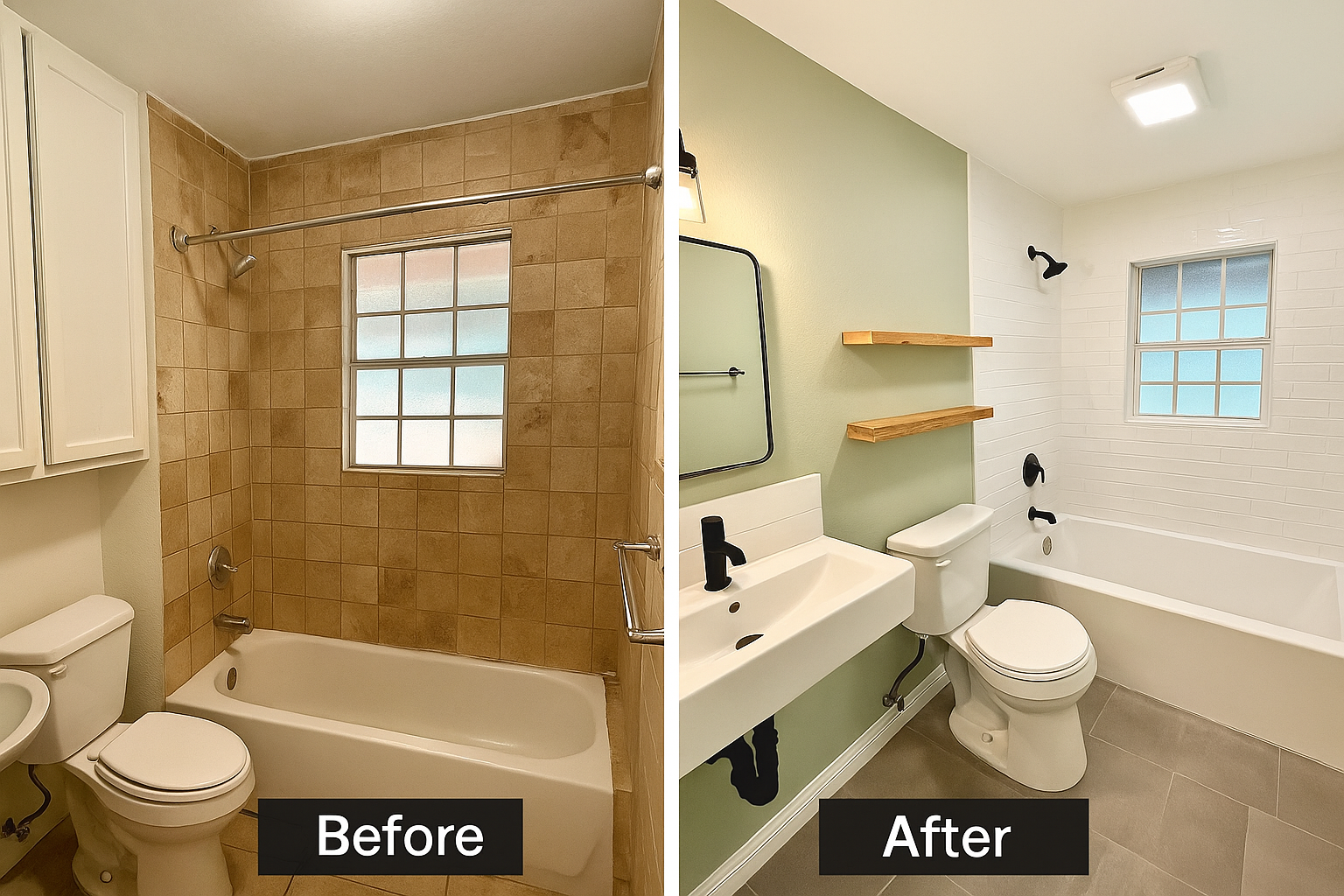 Before and after collage of an East Austin bathroom remodel showing the shift from dated beige tile to a bright, modern design with updated fixtures and open shelving.