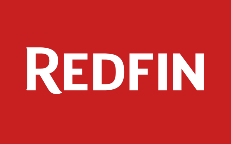 The word redfin is on a red background