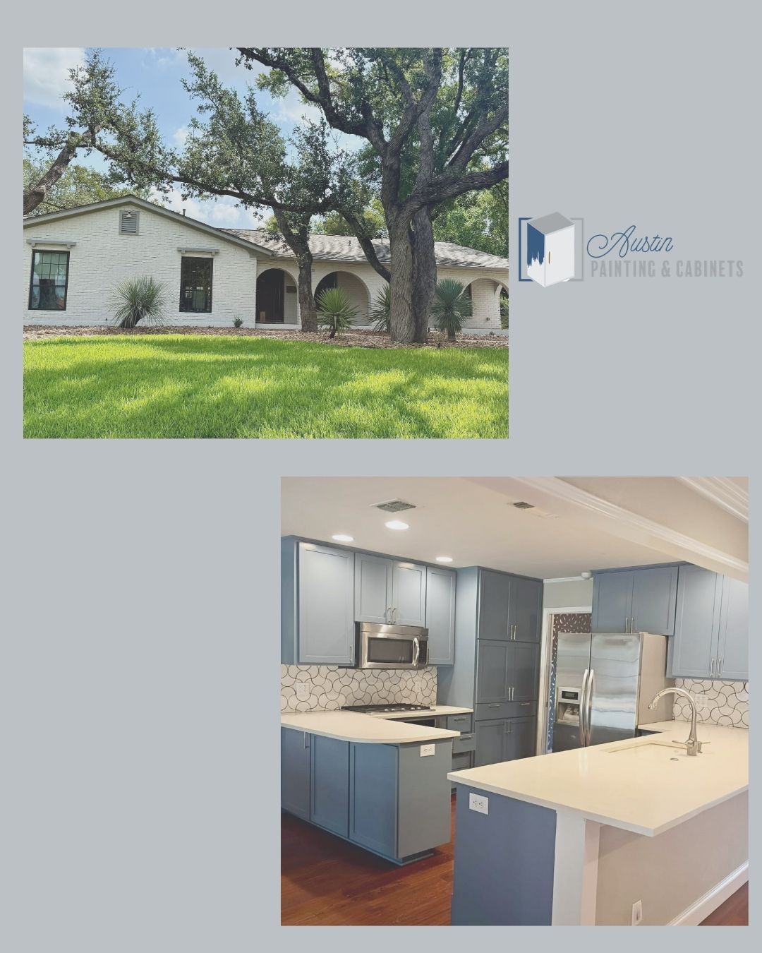 Repeat client project in Northwest Hills, Austin featuring Cabinet Painting and Exterior Painting 