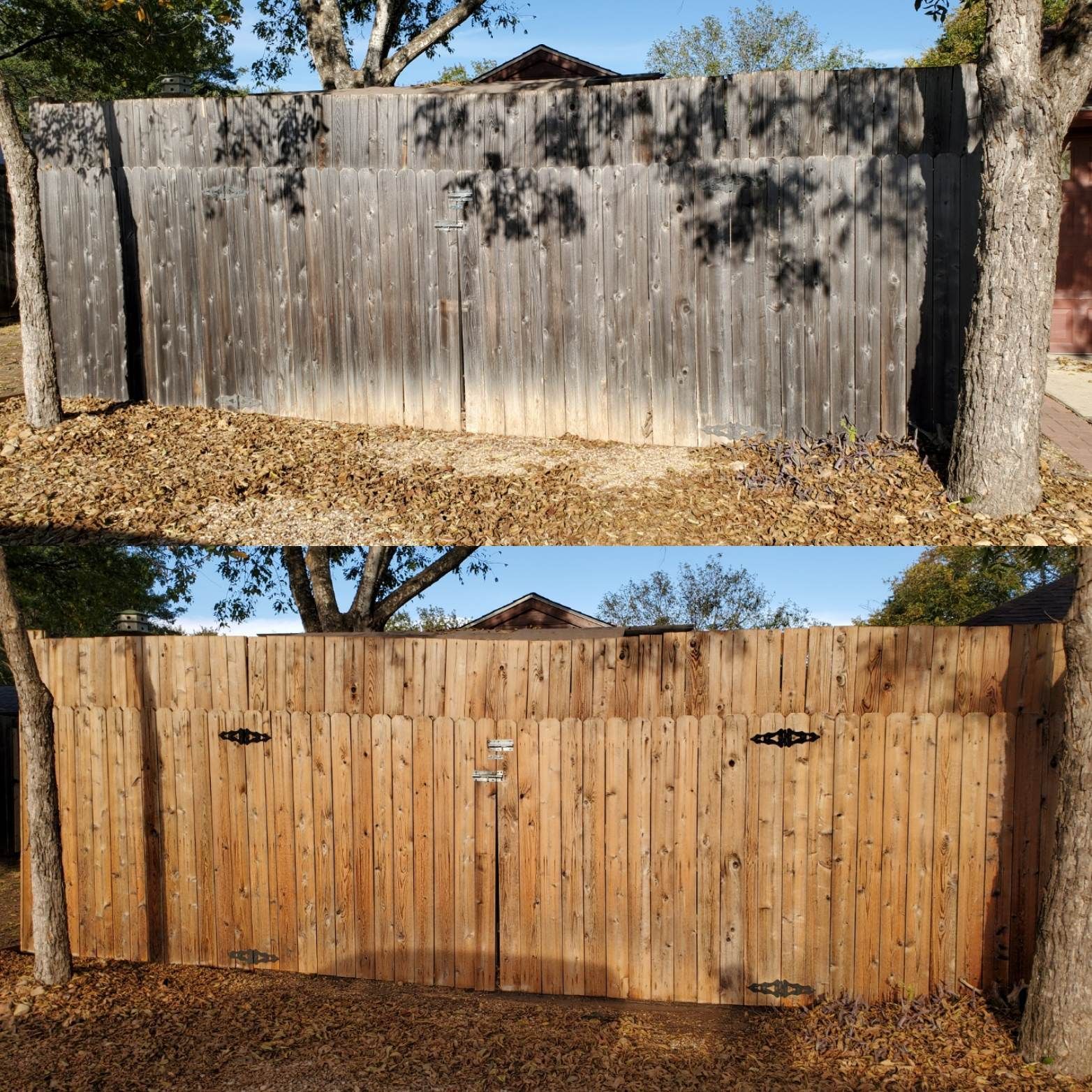 a before and after photo of a wooden fence .