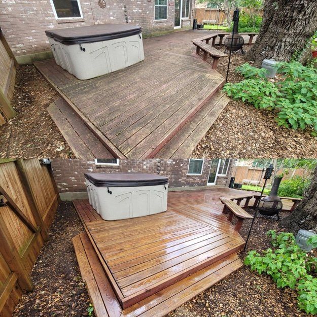 deck cleaning a before and after photo of a wooden deck with a hot tub on it .