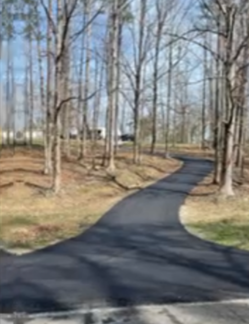Asphalt driveway curves through a wooded area with bare trees.