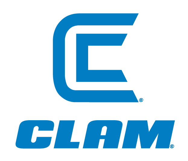A blue clam logo on a white background