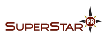 A logo for superstar pr with a sun in the middle