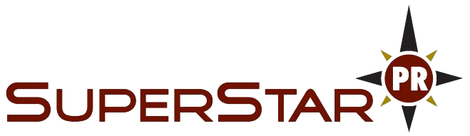 A logo for superstar pr with a sun in the middle