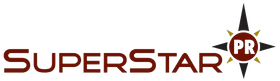 A logo for superstar pr with a sun in the middle