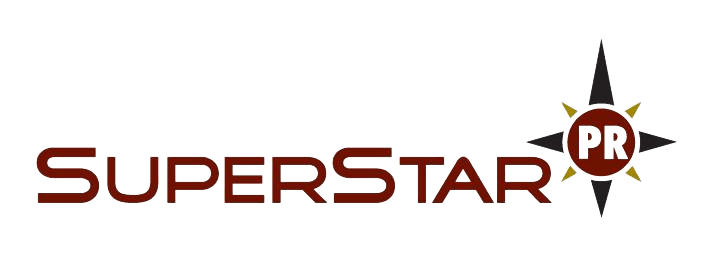 A logo for superstar pr with a sun in the middle
