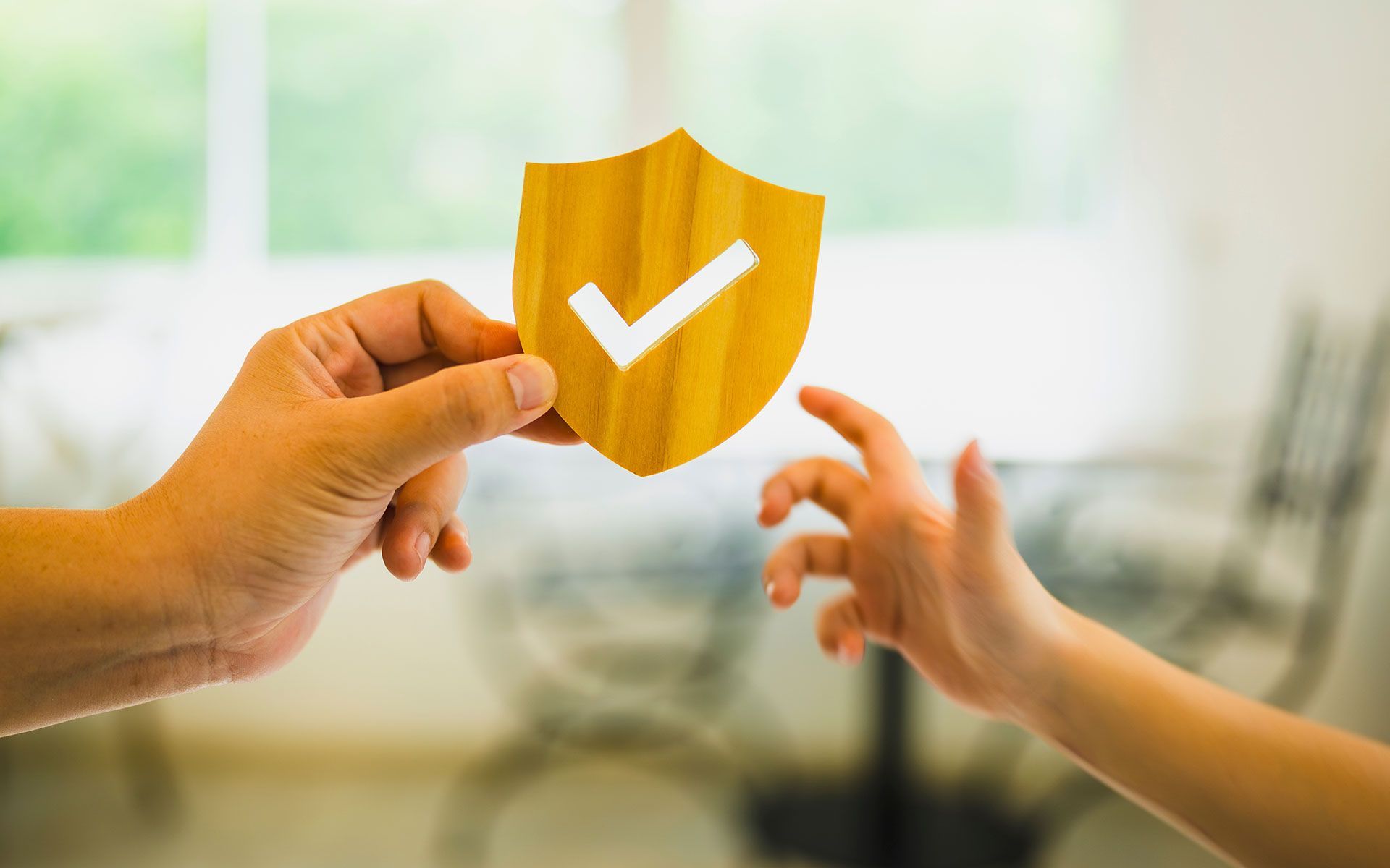 Hands holding and reaching for a wooden shield with a white checkmark, set in a blurred room.
