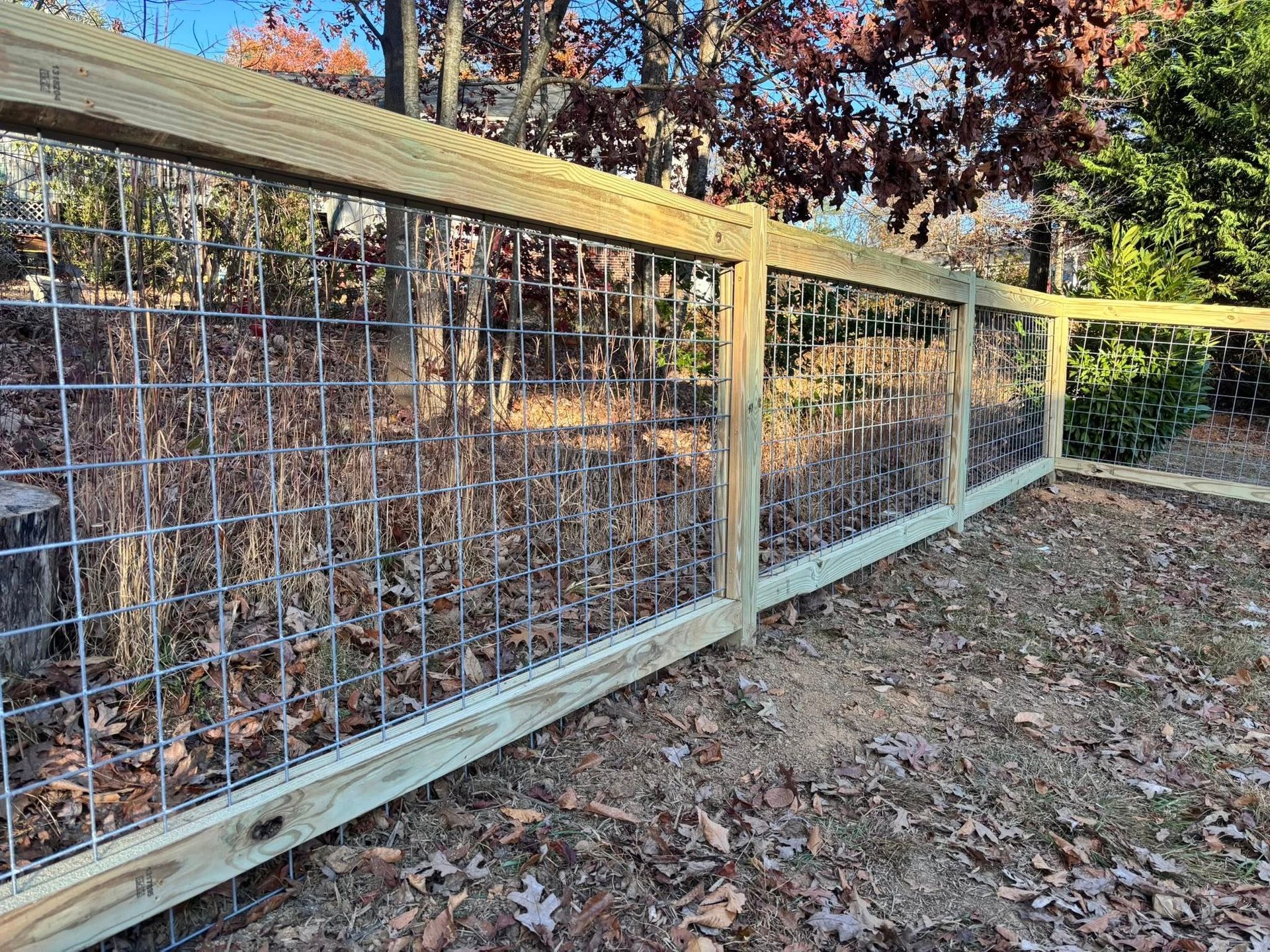 Wooden wire fence along a leaf-covered yard beside autumn trees