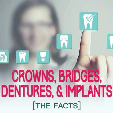 A woman is pressing a button that says crowns bridges dentures and implants