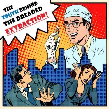 A comic book illustration of a doctor holding a pair of scissors and saying the truth behind the dreaded extraction