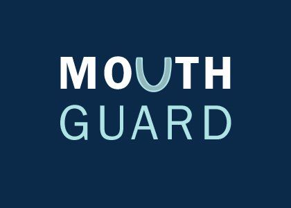 The word mouth guard is on a blue background.