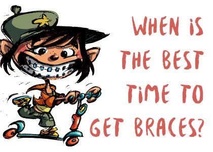 A cartoon of a boy with braces on his teeth riding a scooter.