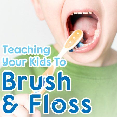 A child brushing his teeth with the words teaching your kids to brush and floss