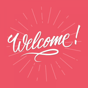 The word welcome is written in white on a red background.