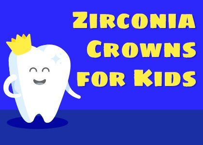 A tooth with a crown on it is smiling on a blue background.