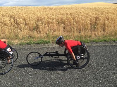 Racer in a gray helmet pushes along a road beside a ripe wheat field