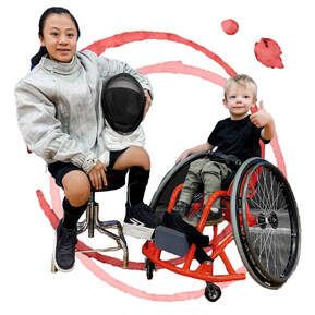 Pairing with ParaSport auction logo with a fencer and a young wheelchair user