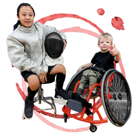 2024 auction logo, fencer with her mask and a boy in an orange wheelchair