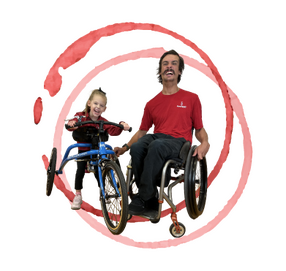 2025 auction logo, girl on an adaptive trike and a man in a wheelchair