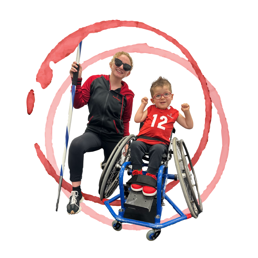 2026 auction logo, javelin thrower and a boy in a wheelchair flexing