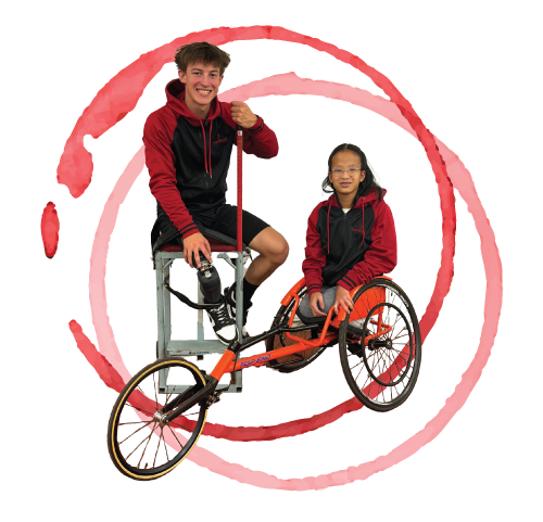 2027 auction logo, athlete on a throwing chair and a girl on an orange trike