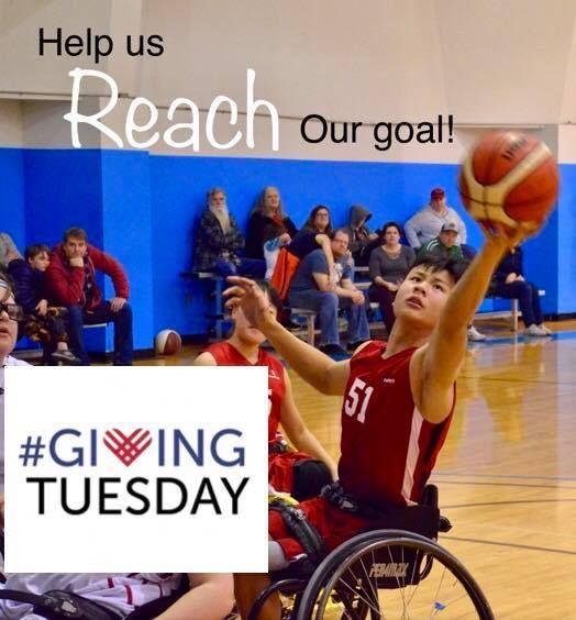 Player in jersey 51 shoots, text reads Help us reach our goal, #GivingTuesday