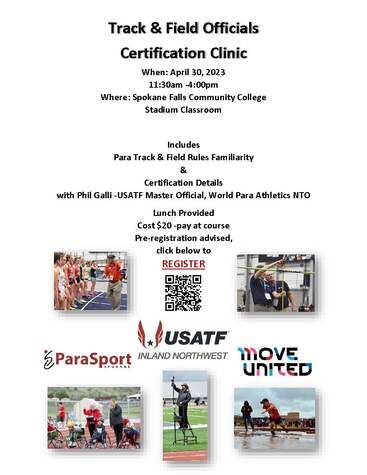 Flyer for the Track and Field Officials Certification Clinic on April 30, 2023