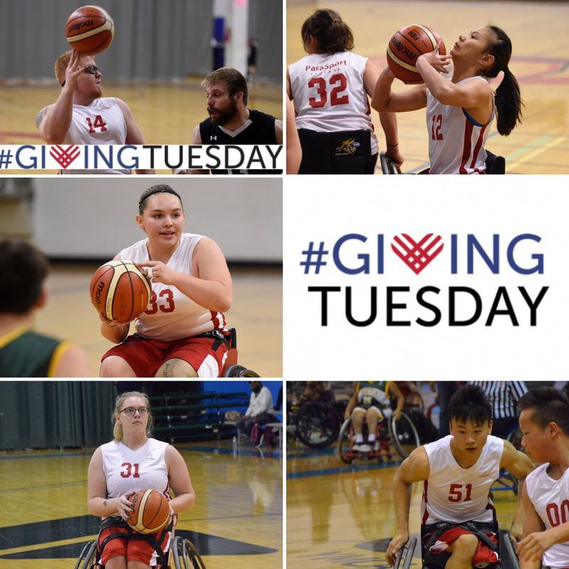 Collage of five wheelchair basketball players with the #GivingTuesday logo