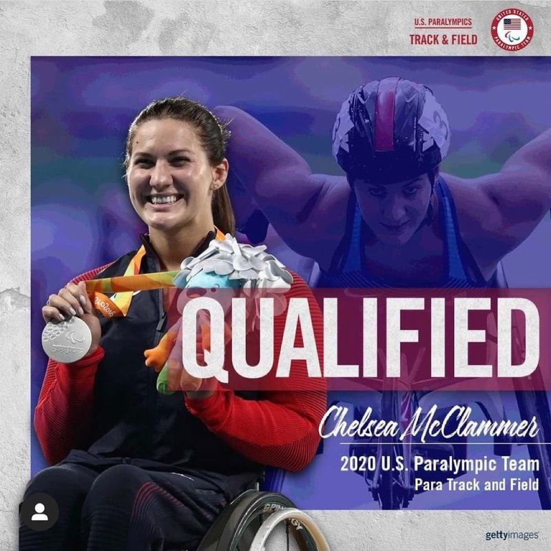 Chelsea McClammer with a medal in a 2020 U.S. Paralympic Team Qualified graphic
