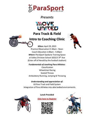 Flyer for the Para Track and Field Intro to Coaching Clinic on April 29, 2023