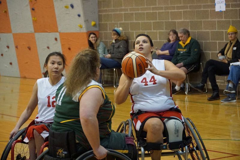 Player #44 in white lines up a shot past a defender in green