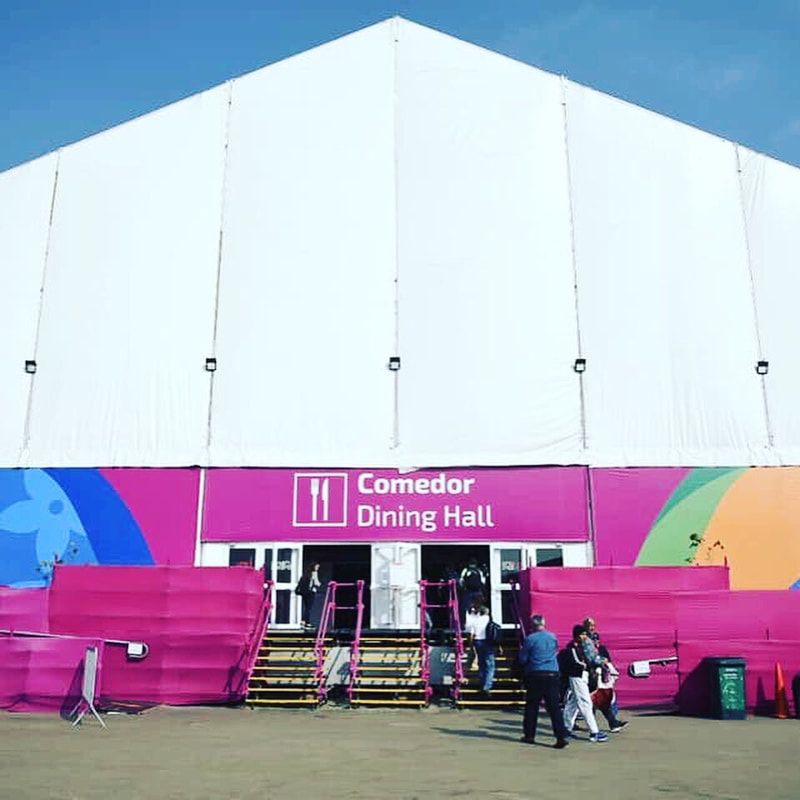 Large white dining hall tent at the Lima 2019 Parapan American Games