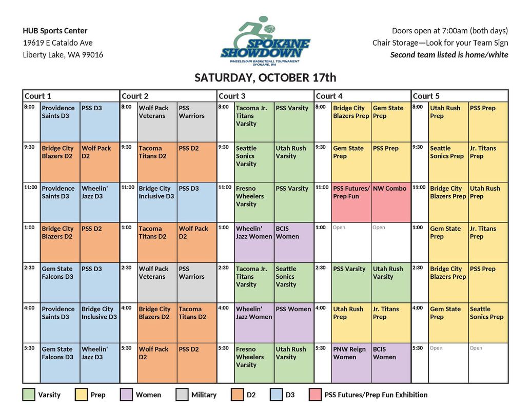 Spokane Showdown 2026 schedule for Saturday, October 17, by court and time