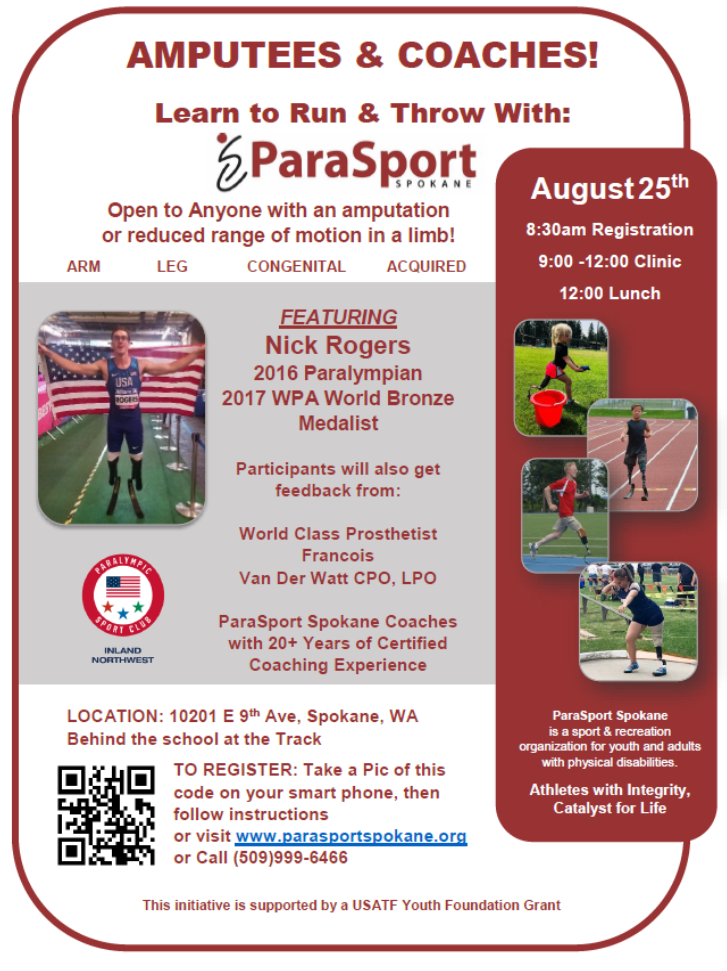 Flyer for the Aug. 25 amputee run and throw clinic with Nick Rogers