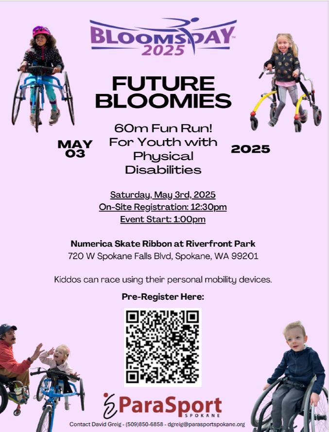 Future Bloomies 2025 flyer, 60m fun run on May 3 at Riverfront Park, QR code