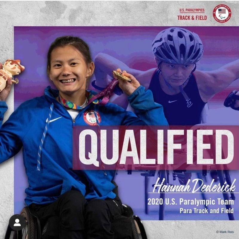 Hannah Dederick holds a medal in a 2020 U.S. Paralympic Team Qualified graphic