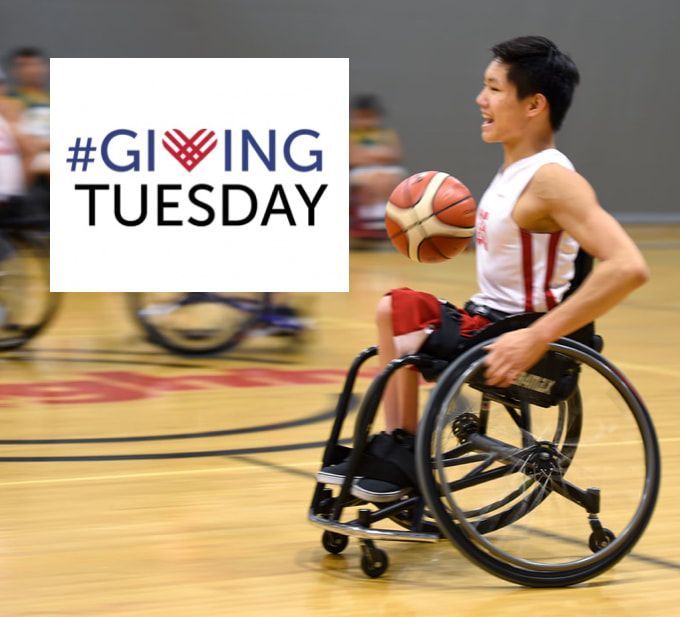 Wheelchair basketball player dribbles up the court, #GivingTuesday graphic