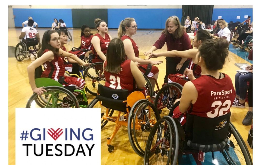 ParaSport Spokane wheelchair basketball team huddles, #GivingTuesday logo