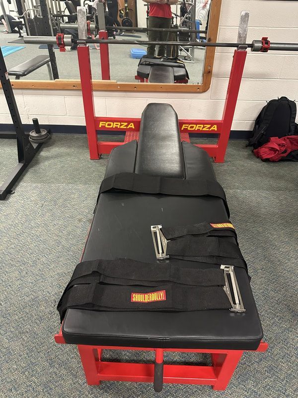 Padded bench with straps on a red frame in the weight room