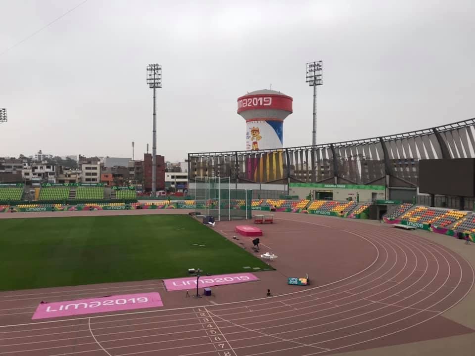 Lima 2019 track and field stadium with branded track and colorful seats