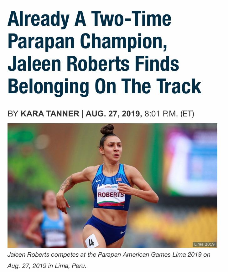 News story on two-time Parapan champion Jaleen Roberts, shown racing in Lima